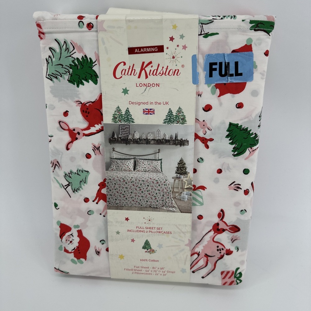 Cath Kidston Christmas Full Sheet Set 4 Pc Ditsy Deer Pink London Cotton Percale